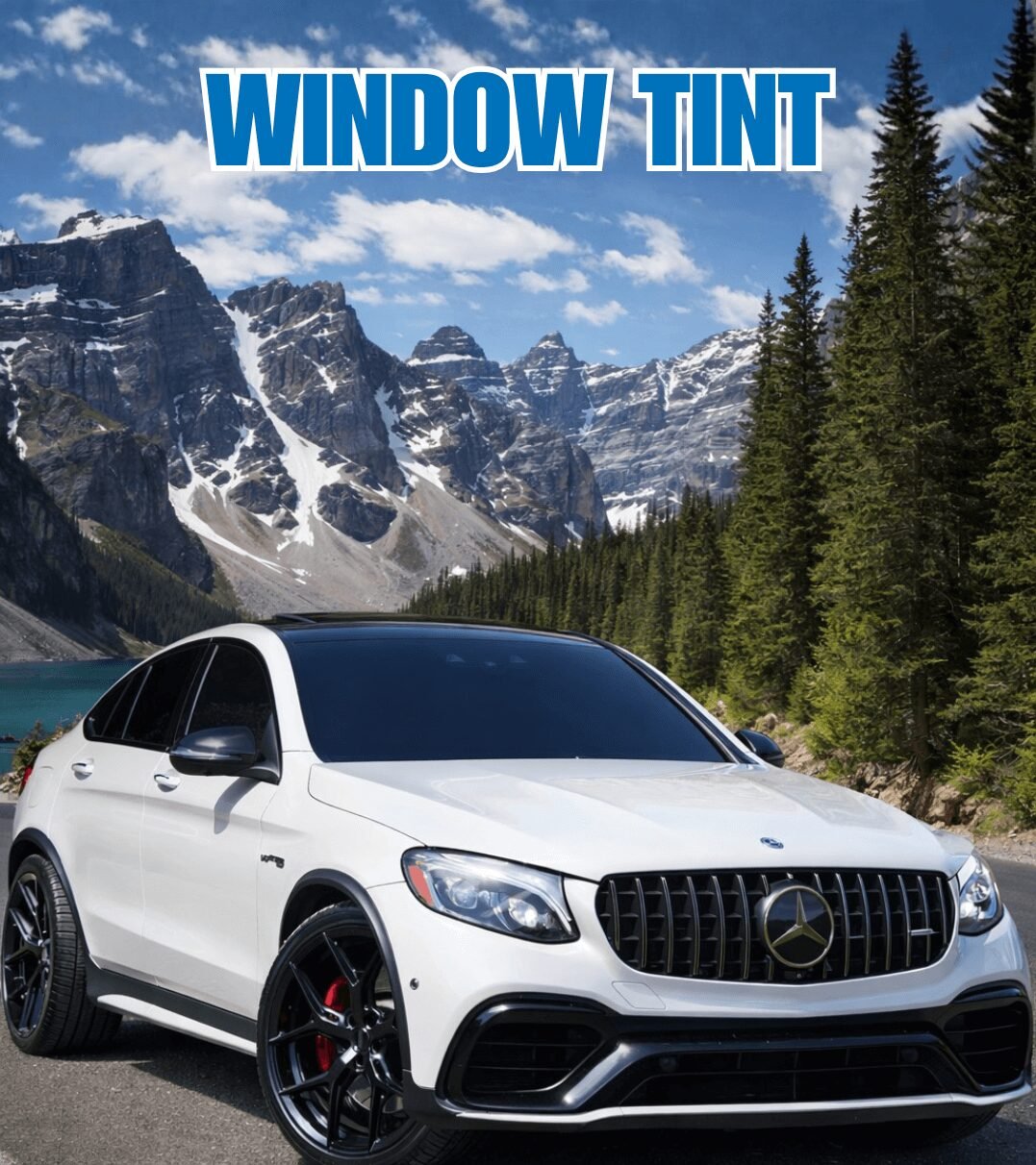 White Mercedes performance SUV with tinted windows and black wheels, outdoor mountain backdrop, Tint Plus Auto Glass in Hanford. White Mercedes performance SUV with tinted windows and black wheels, outdoor mountain backdrop, Tint Plus Auto Glass in Hanford.